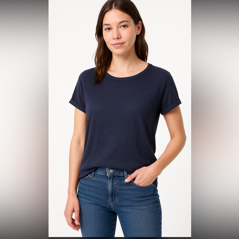 LOFT Women’s Navy Blue 100% Cotton Rolled Sleeve Tee Shirt Size Large